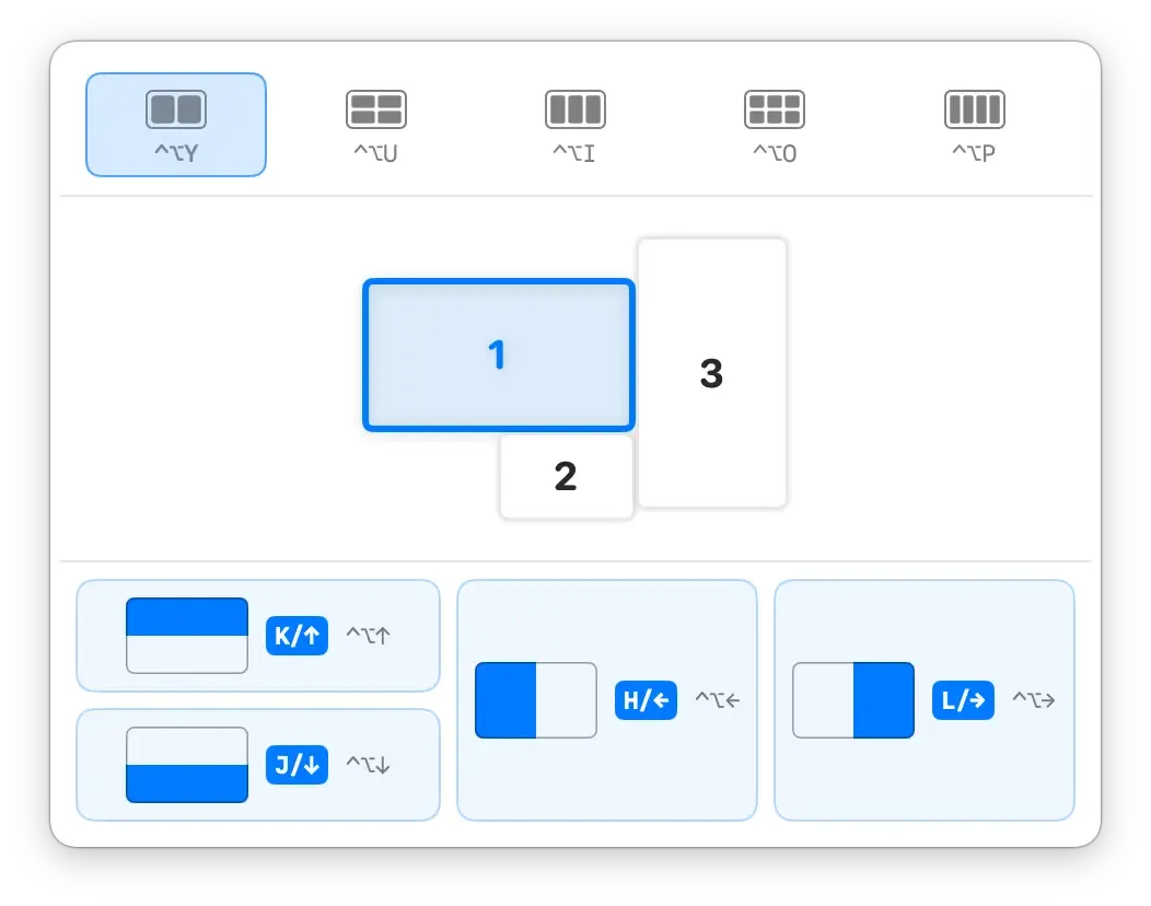 KeyTiler 布局面板在三台显示器排列下方显示二分布局,每个区域同时显示可用热键。