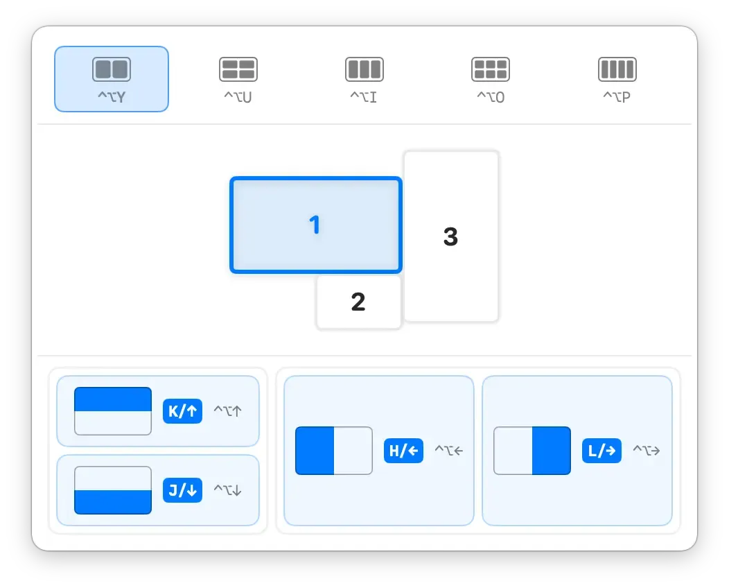 KeyTiler 布局面板在三台显示器排列下方展示二分布局选项。