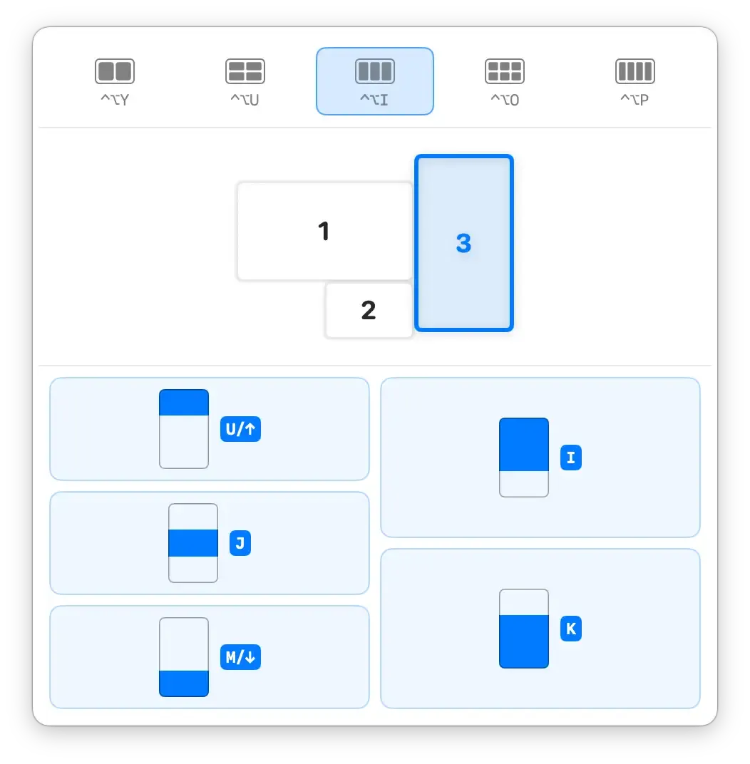 KeyTiler 布局面板在三台显示器排列下方显示竖屏三分布局。