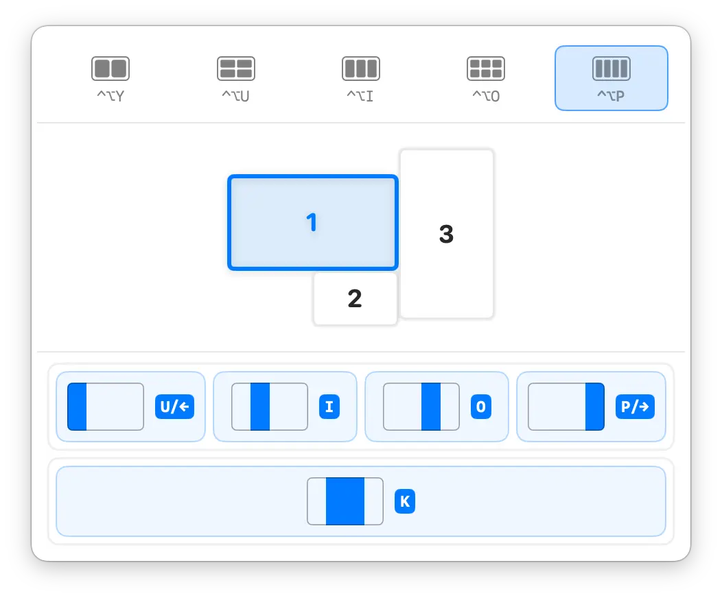 KeyTiler 布局面板 截图,显示三块显示器排列下的四条带布局选择。