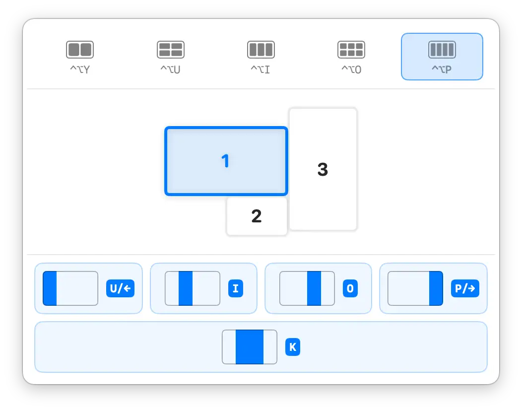 KeyTiler 布局面板 截图,显示三块显示器排列下的四条带布局选择。