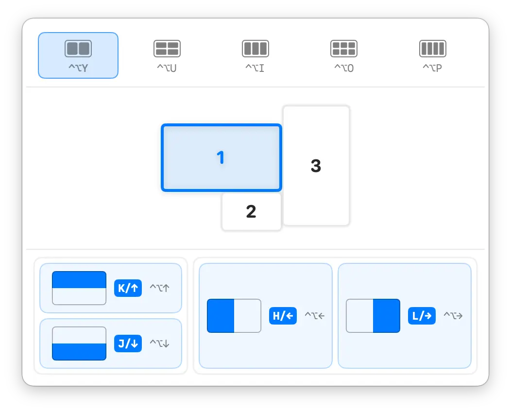 KeyTiler 布局面板 截图,显示三块显示器排列下的二分布局选择。