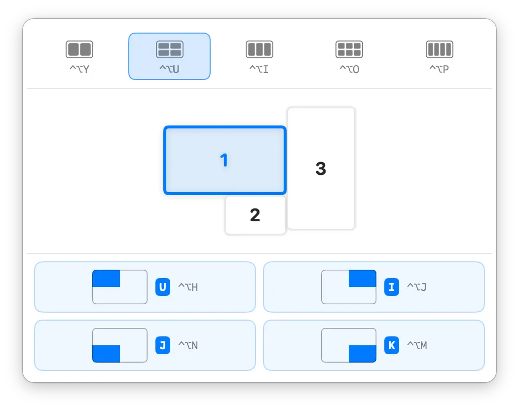 KeyTiler 布局面板 截图,显示三块显示器排列下的四分布局选择。