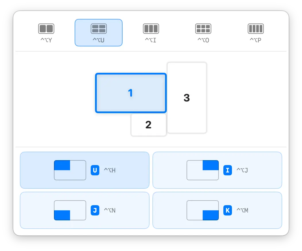 KeyTiler 布局面板 截图,显示三块显示器排列下的四分布局选择。