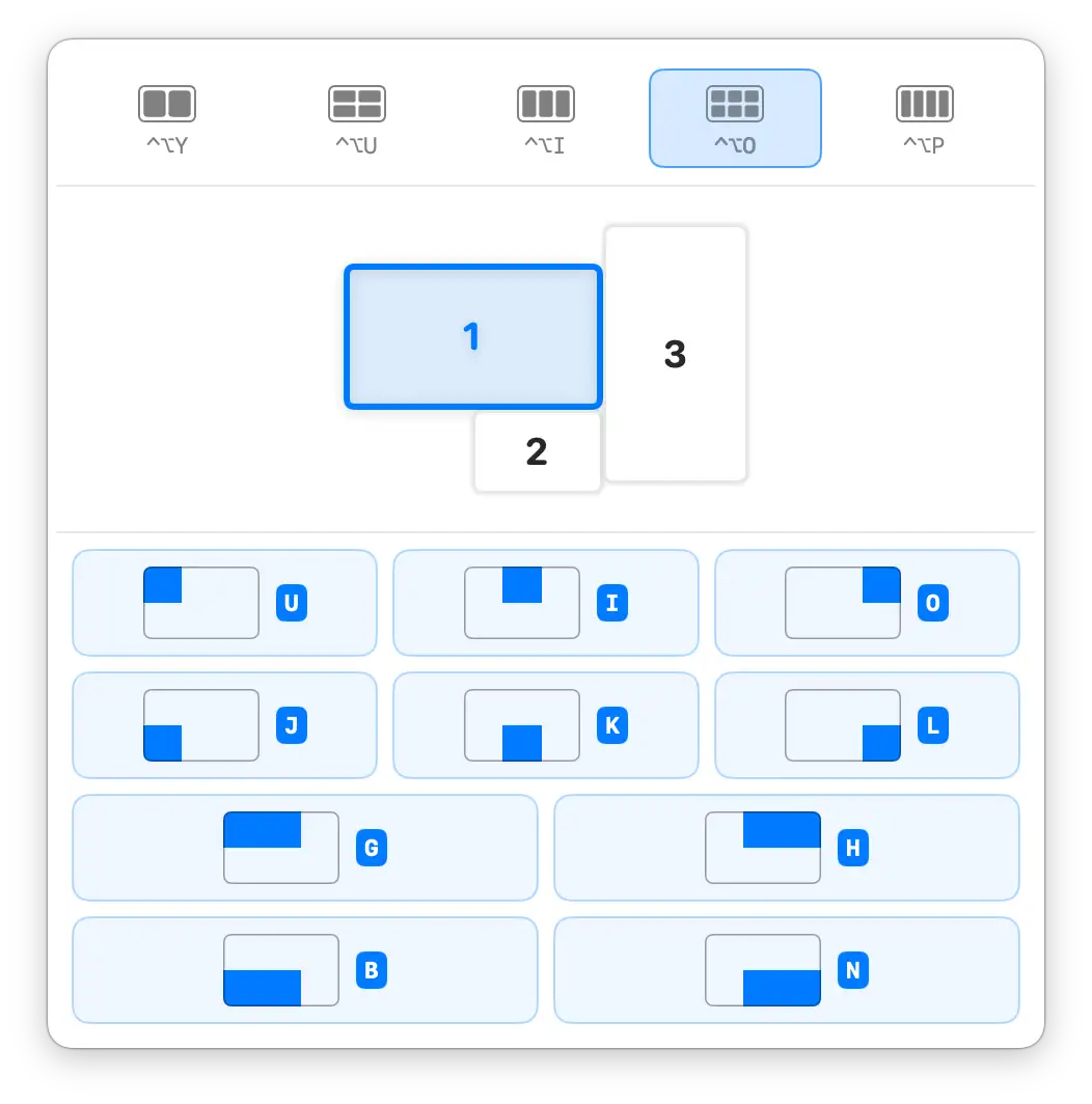 KeyTiler 布局面板 截图,显示三块显示器排列下的六分布局选择。