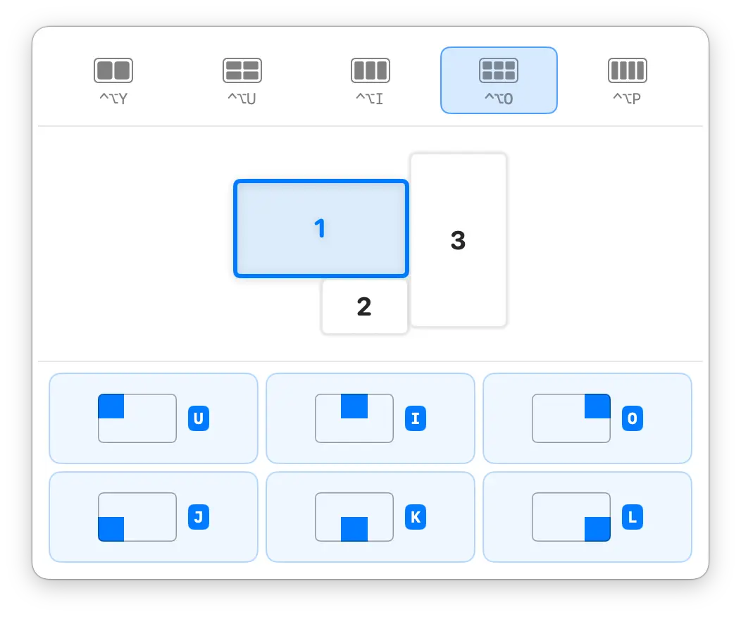 KeyTiler 布局面板 截图,显示三块显示器排列下的六分布局选择。